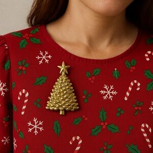 Christmas Tree Brooch Vintage Gold tone 2.5” tall